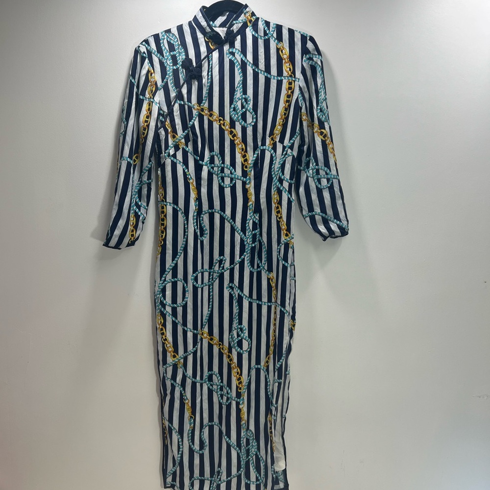 Striped Blue and Yellow Long Women's Dress
